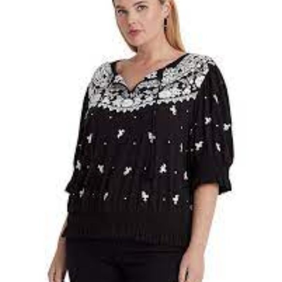 Lauren Ralph Lauren Plus Size Cotton-Blend Bohemian-Inspired Top - Picture 1 of 1